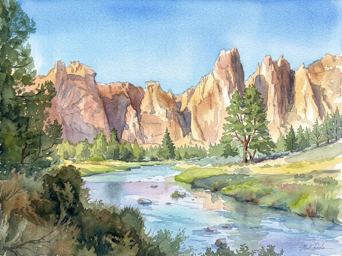 Smith Rock and Crooked River Watercolor Painting